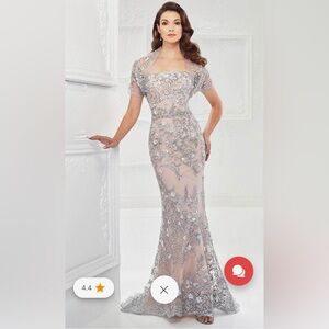 Mon Cheri Montage Strapless Silver Floral Gown